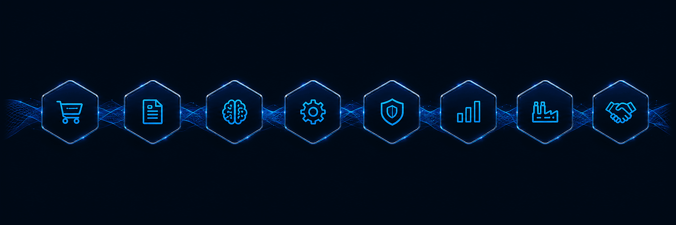 Eight Noemergis product family symbols connected by a flowing data field