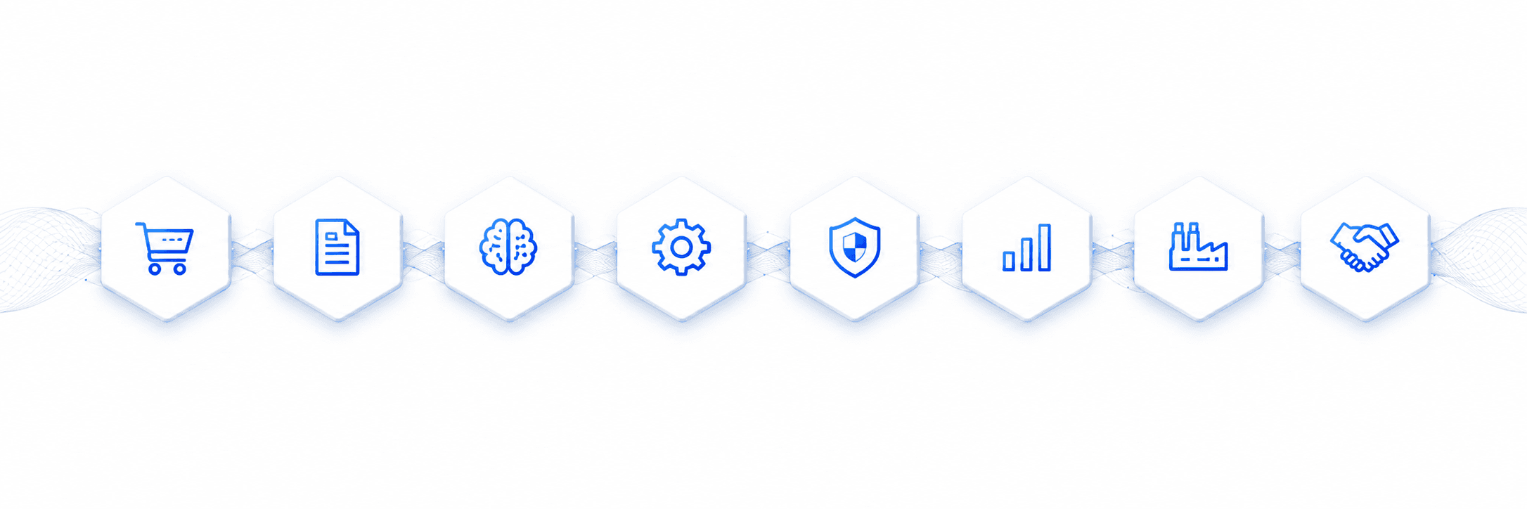 Eight Noemergis product family symbols connected by a flowing data field