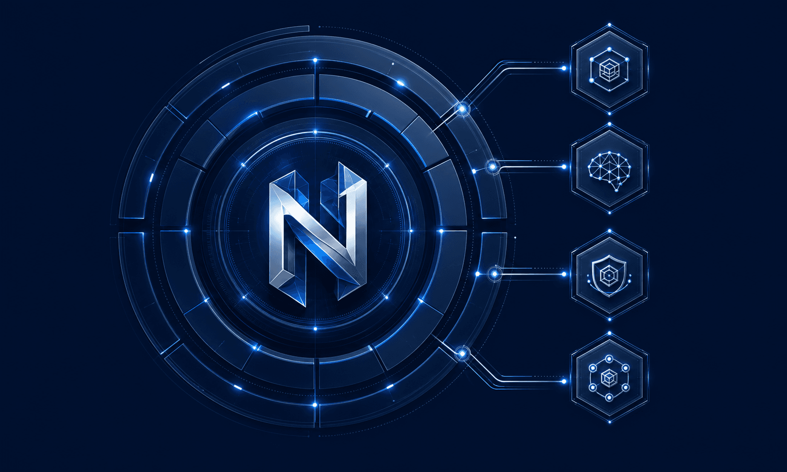 A Noemergis platform core connected to four shared technology layers