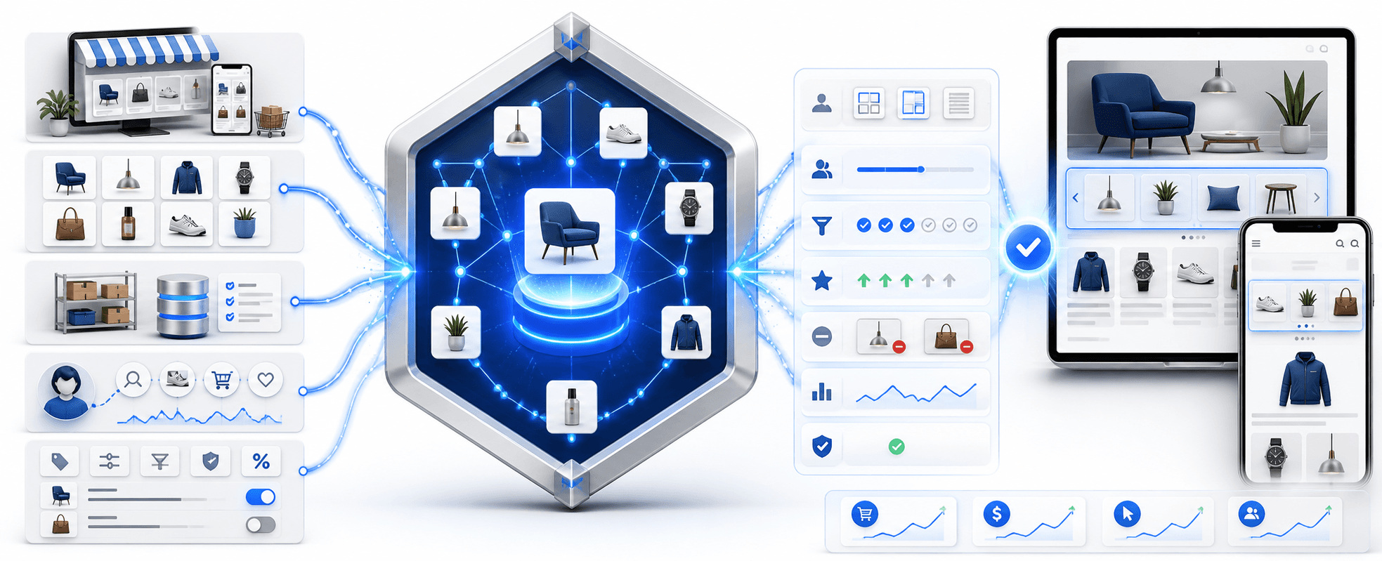 Online retail catalog and storefront signals pass through controlled recommendations into approved placements across desktop and mobile stores
